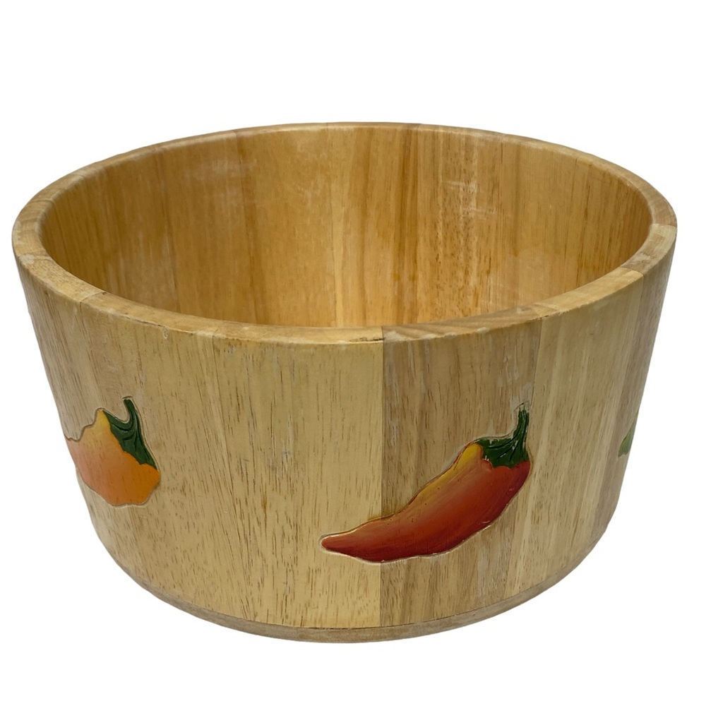 Vintage Clay Art Painted Wooden Bowl Large Heavy Jalapeño Salad Or Fruit Bowl